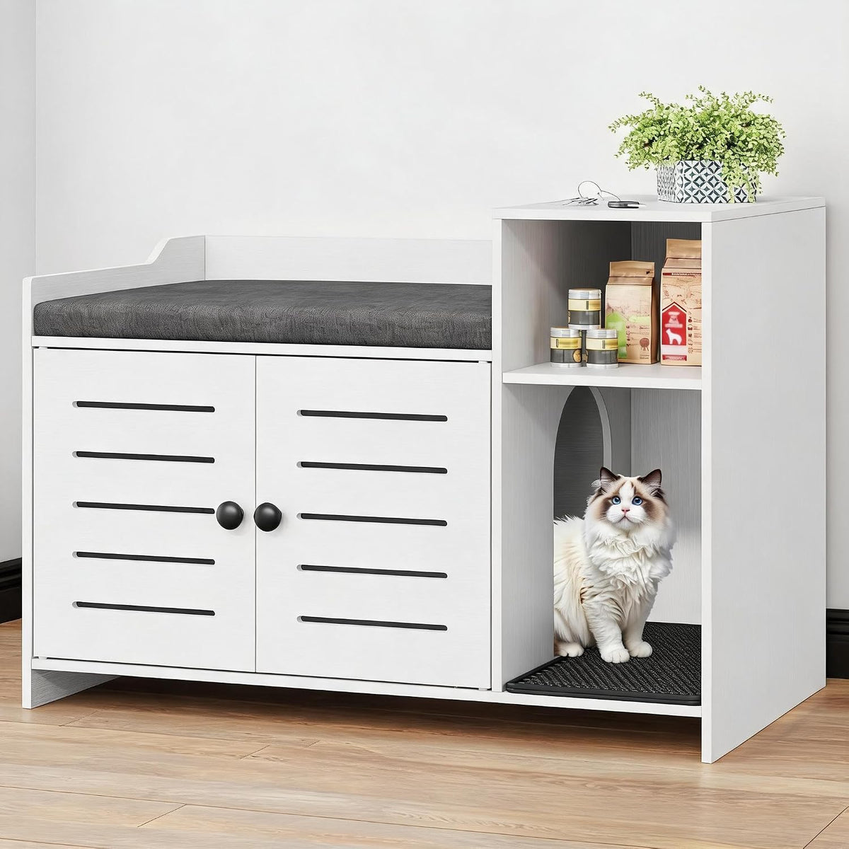 Farmhouse wooden hidden litter box enclosure with storage shelf – view 4