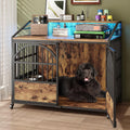 Wooden dog crate end table with LED light, three doors and rotating bowls
