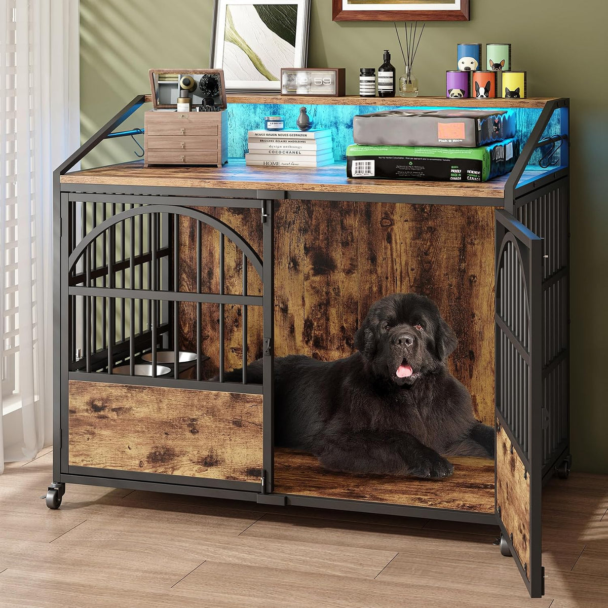 Wooden dog crate end table with LED light, three doors and rotating bowls
