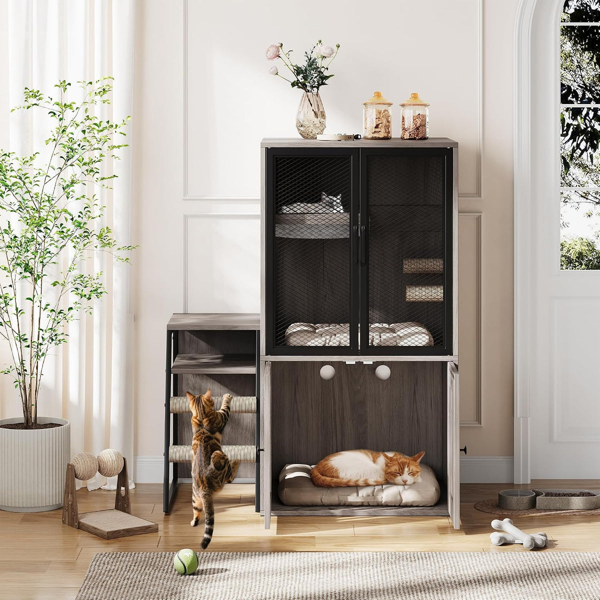 Modern double litter box enclosure cabinet with sisal ladder and mesh door