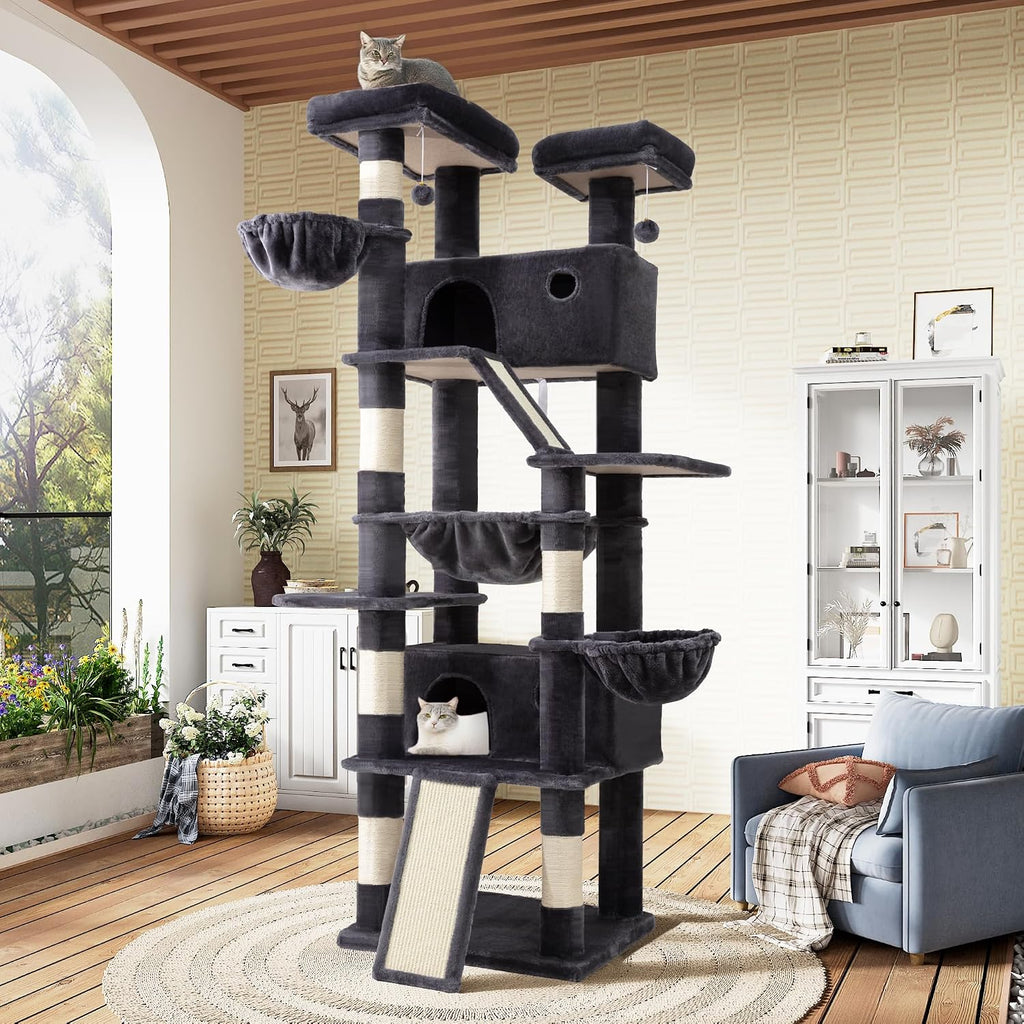 Tall dark grey multi-level cat tree with hammock, perches, condo and sisal posts