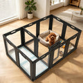 Clear acrylic dog playpen with black frame panels and walk-through door