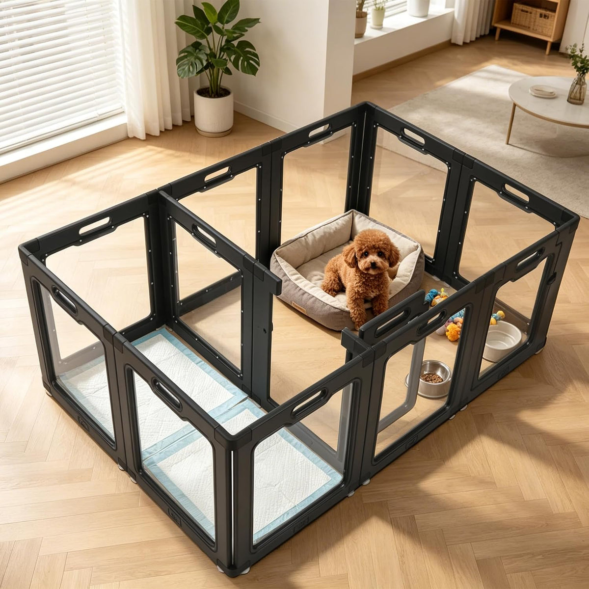 Clear acrylic dog playpen with black frame panels and walk-through door