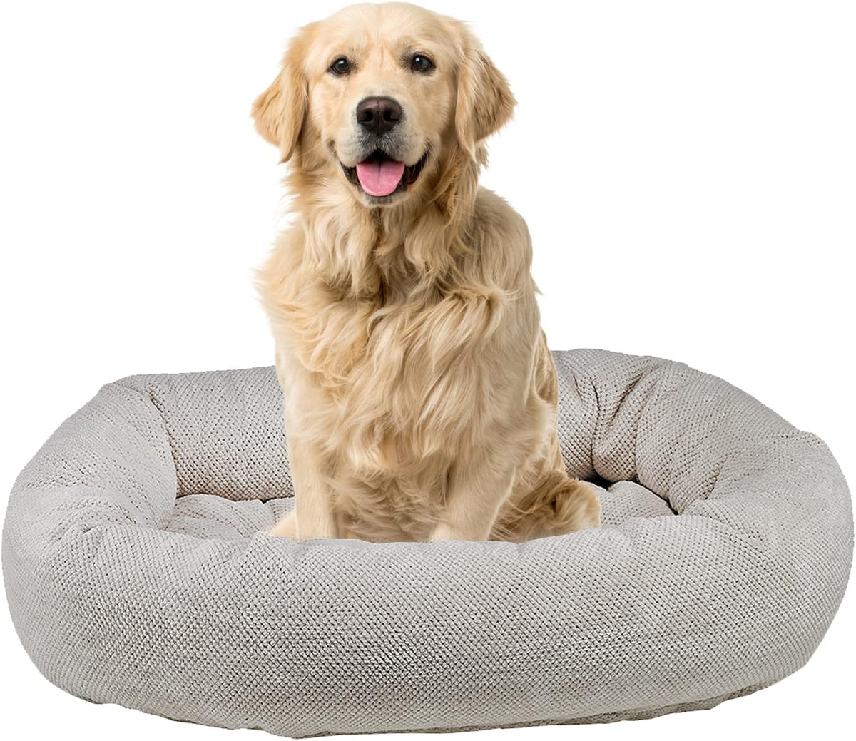 Small round donut dog bed with raised bolster ring in natura woven fabric – view 3