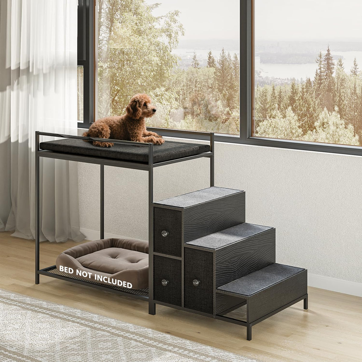 Grey steel frame pet bunk bed with carpeted stairs and drawers by a window – view 3