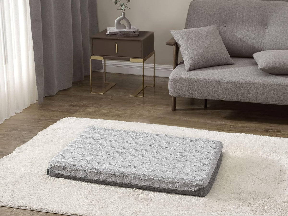 Gray orthopedic foam pet mattress with plush washable cover