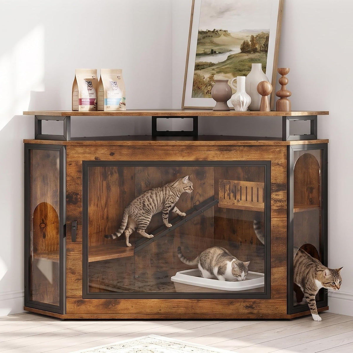 Brown corner cat cage furniture with clear door and shelves