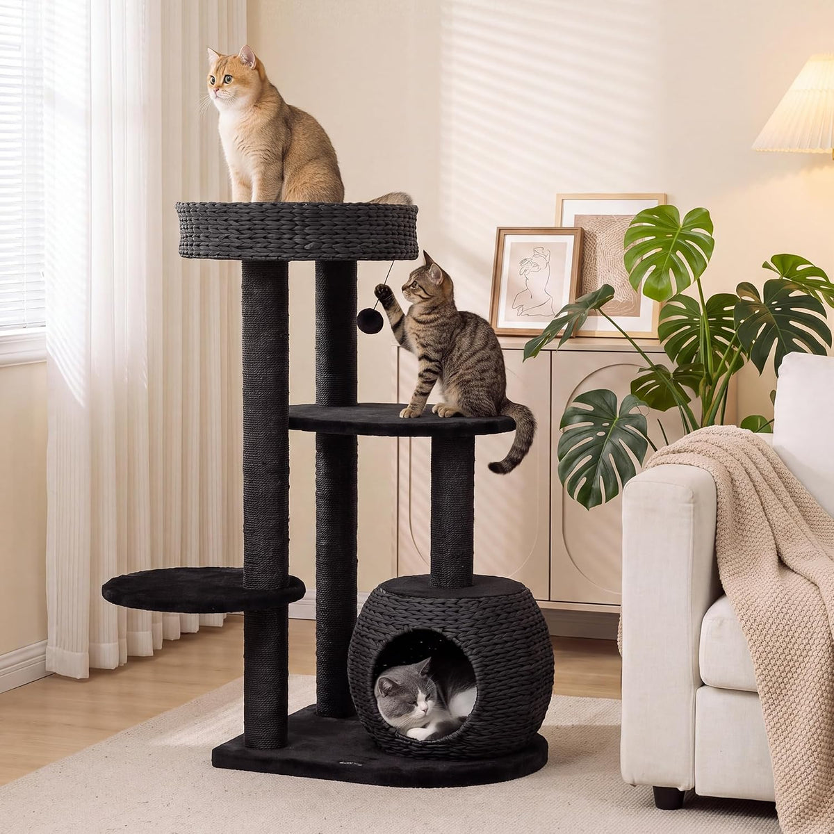 Tall modern wood cat tree with hammock, condo and cushions – view 8