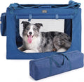 Dark blue collapsible soft dog crate with mesh windows and zippered door