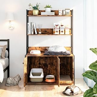 Wooden Cat Litter Box Enclosure Cabinet with 2 Shelves and Mat
