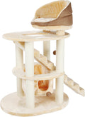 Beige senior cat tower with stairs, hammock, scratching posts and top bed