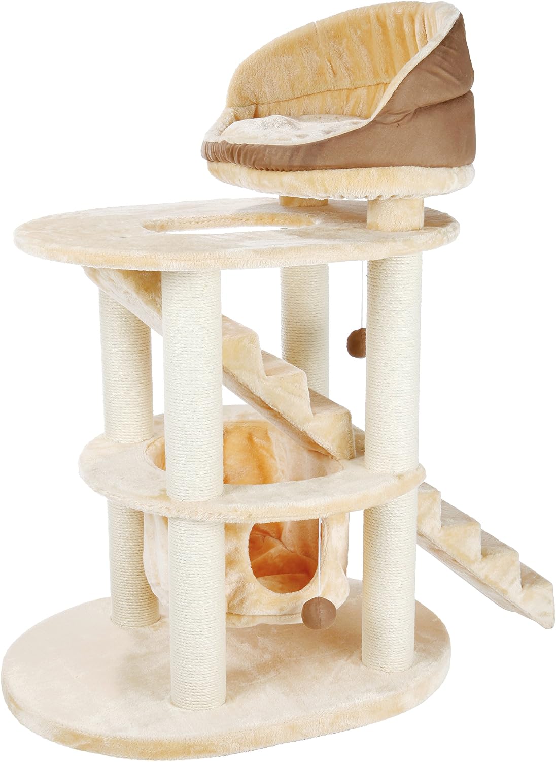 Beige senior cat tower with stairs, hammock, scratching posts and top bed