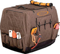 Brown insulated dog kennel cover with mesh windows and D-rings