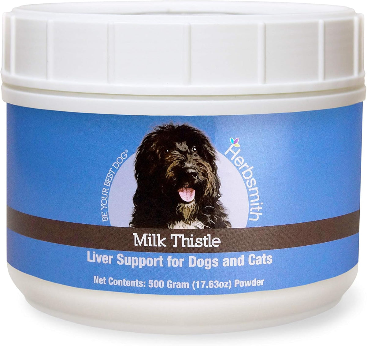 Jar of organic milk thistle powder for dogs and cats