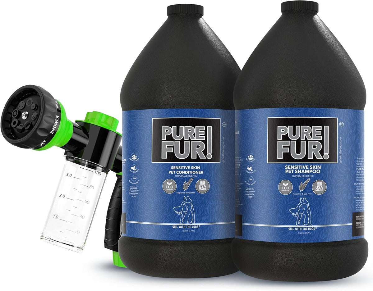 Two gallon jugs of sensitive skin dog shampoo and conditioner with hose nozzle