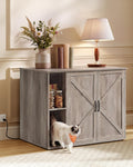 Greige litter box enclosure cabinet with barn doors