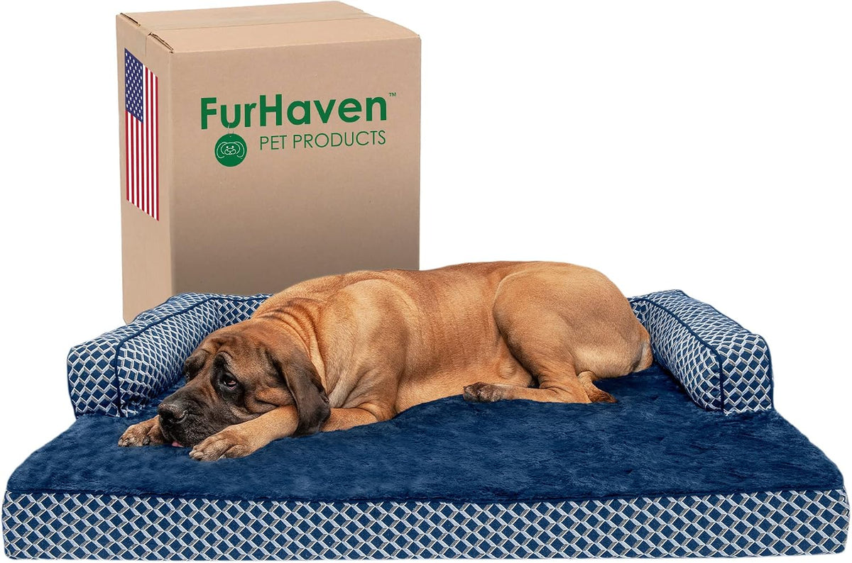 Diamond blue woven orthopedic sofa dog bed with plush faux fur center
