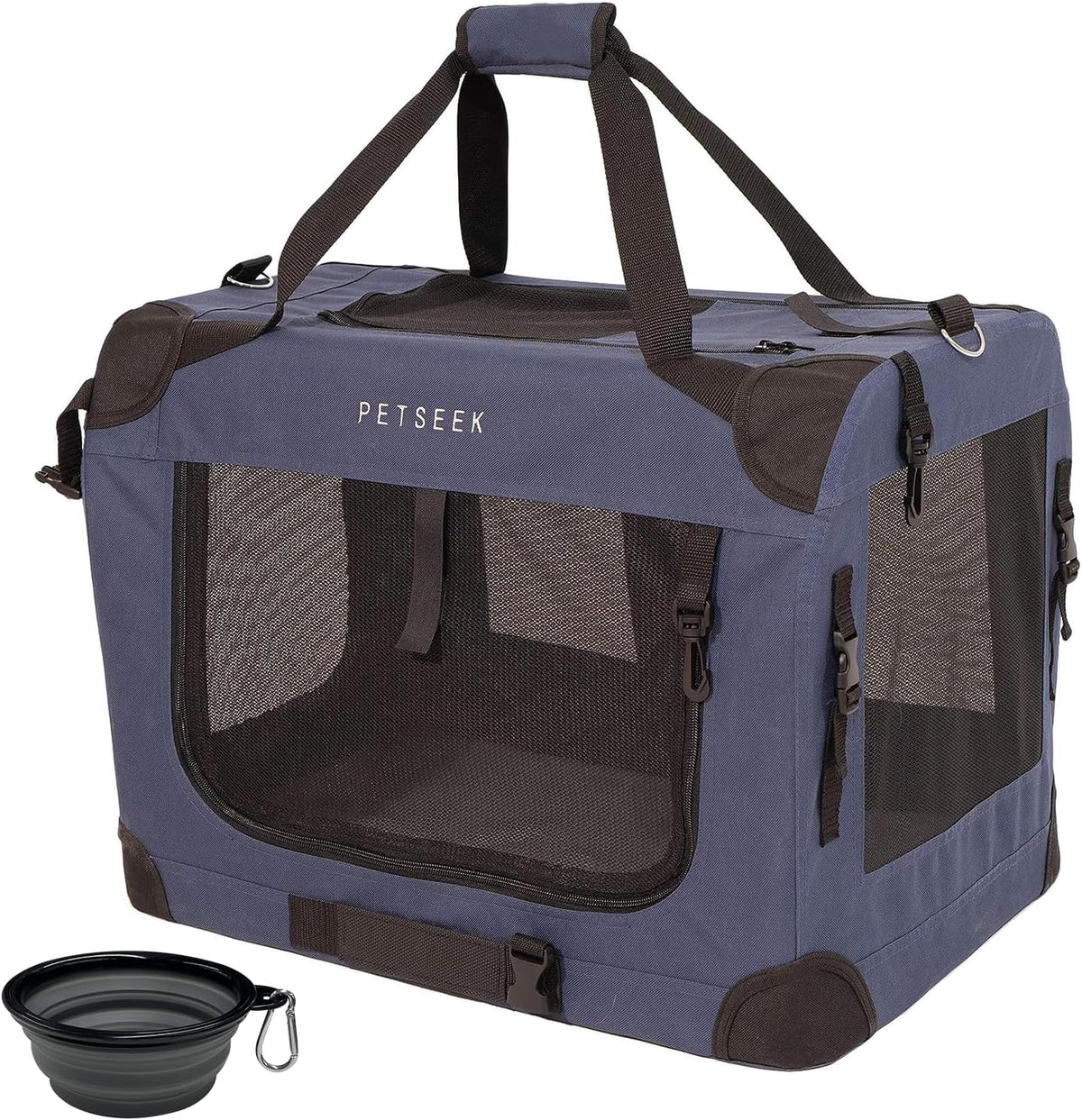 Grey extra large soft-sided pet carrier with litter box and bowls – view 5