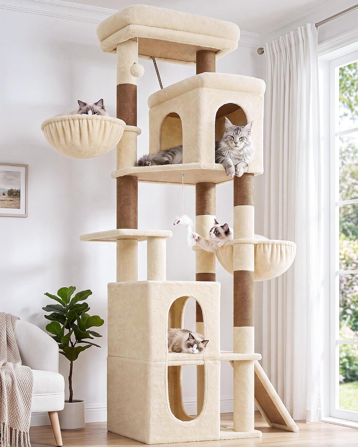 Light grey 70 inch cat tree with condo, ramp, perch and two baskets – view 3