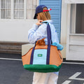Color-block brown, blue and green canvas tote carrier for a cat or small dog