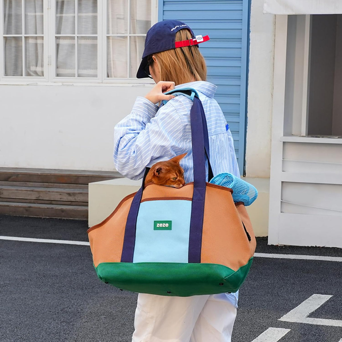 Color-block brown, blue and green canvas tote carrier for a cat or small dog