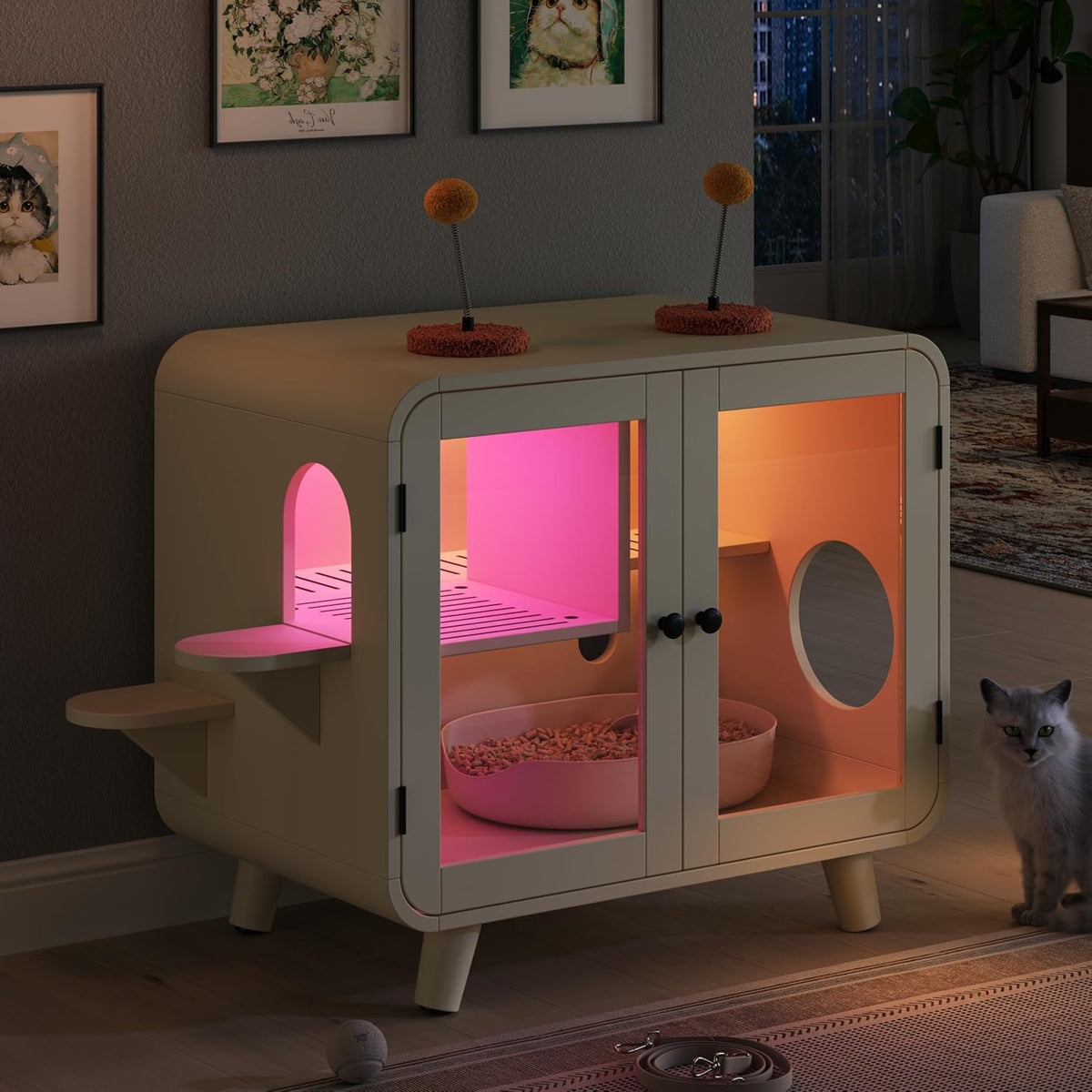 White retro TV-shaped litter box cabinet with RGB LED light and glass doors – view 2