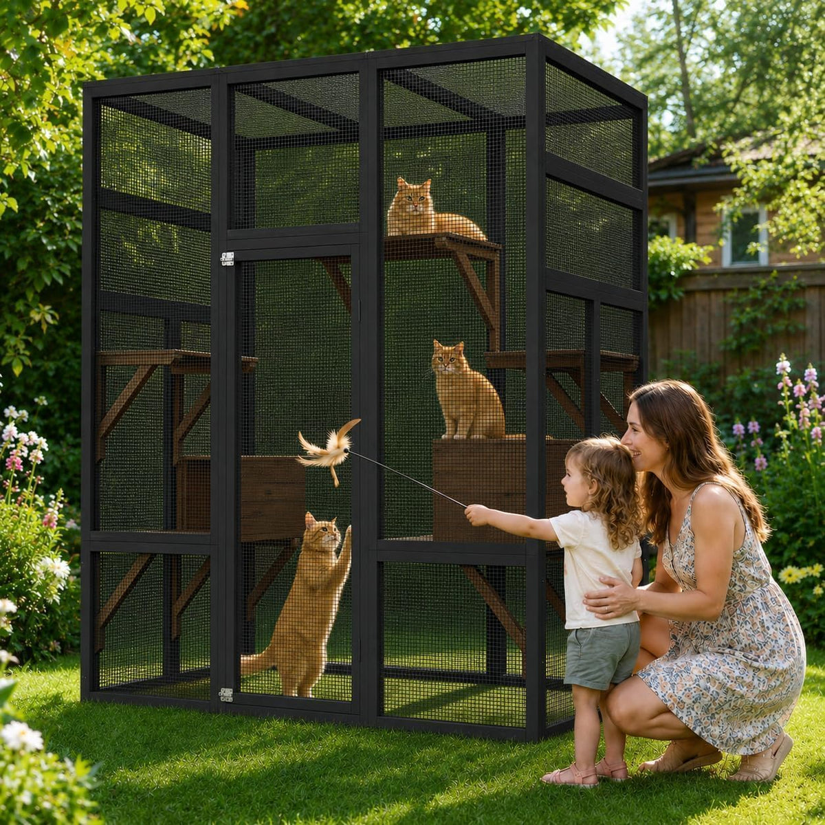 White 70-inch walk-in wooden catio with window access and hammock – view 2