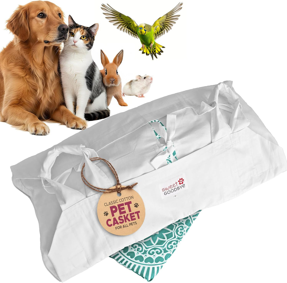 White and aqua cotton pet casket wrap kit