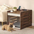 Natural walnut wooden dog crate end table with flip-up acrylic door
