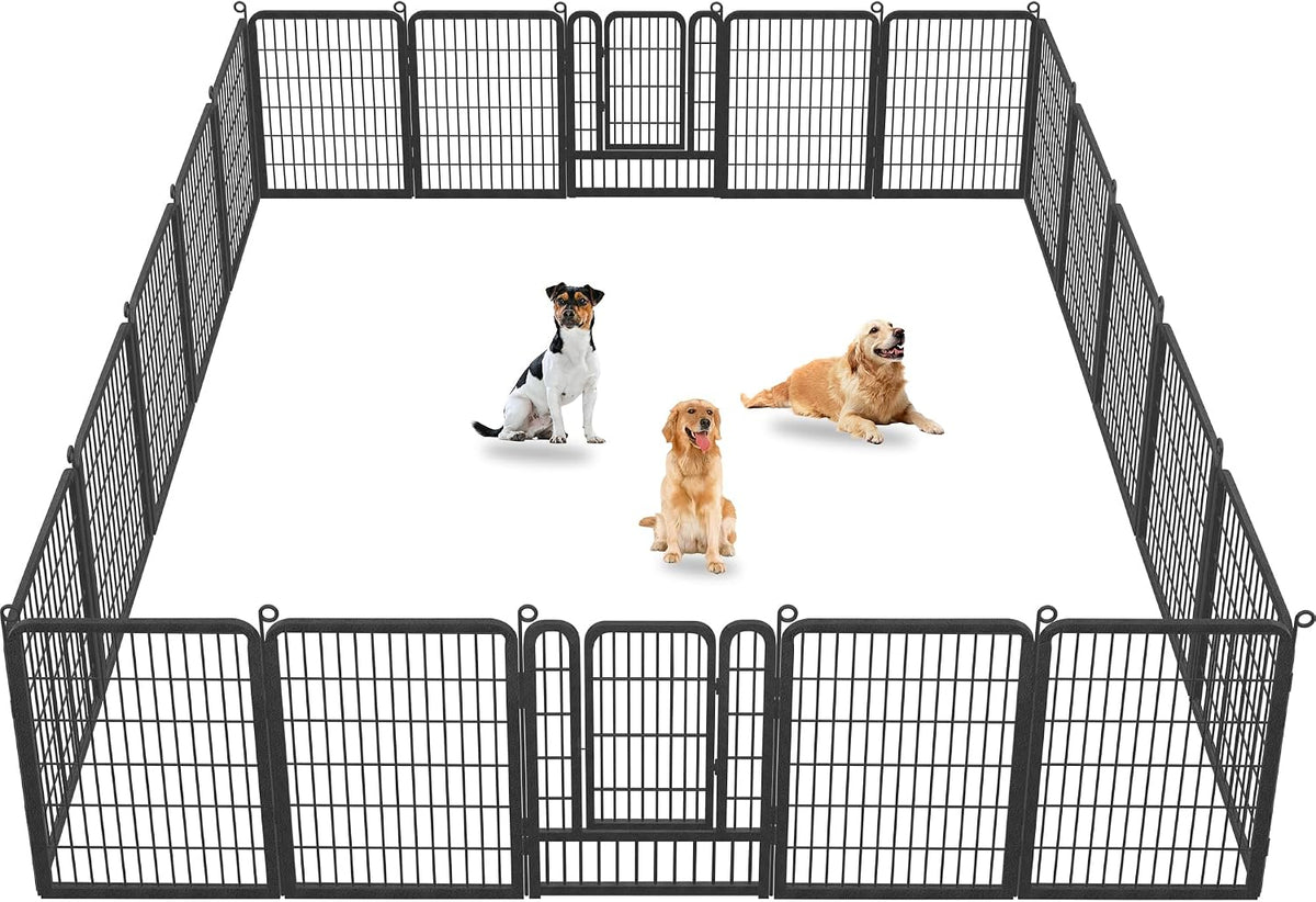 Black 40 inch metal dog playpen with fourteen panels set up in a yard – view 2