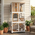 Vertical wooden window catio on wheels with platforms on a balcony