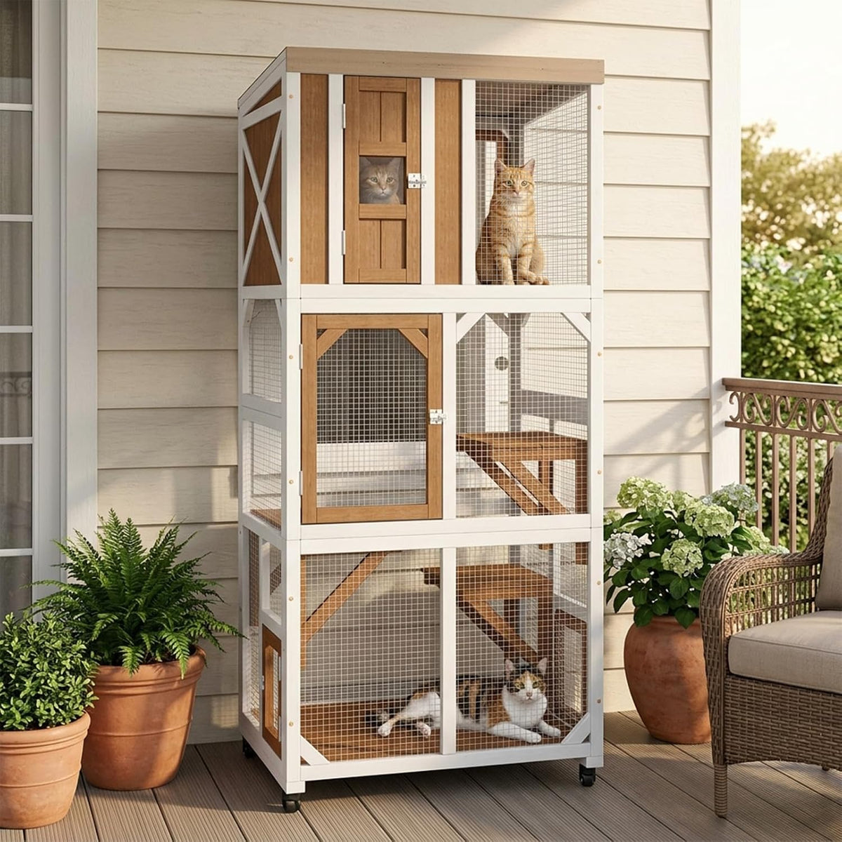 Vertical wooden window catio on wheels with platforms on a balcony