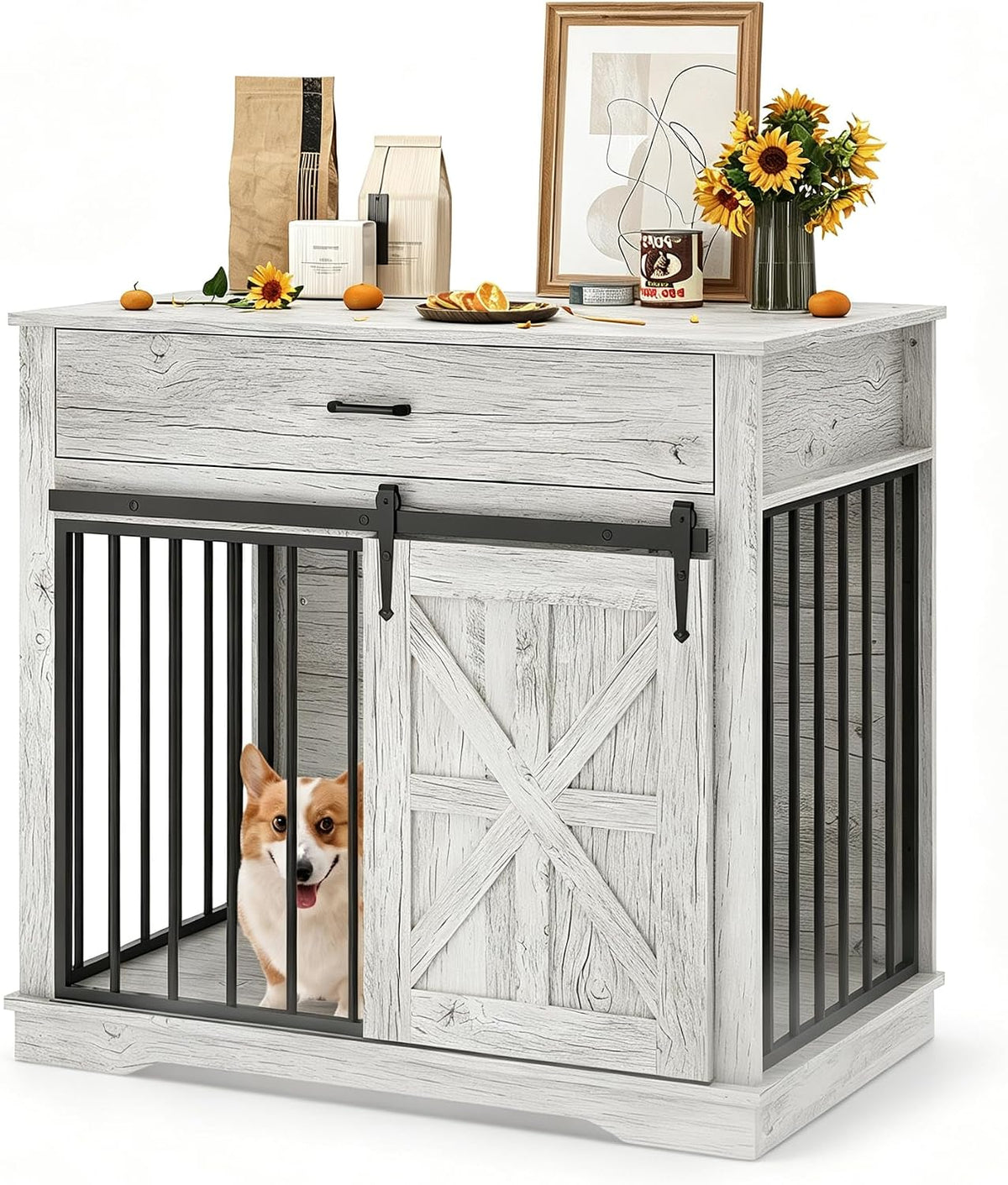 Light gray farmhouse dog crate end table with sliding barn door