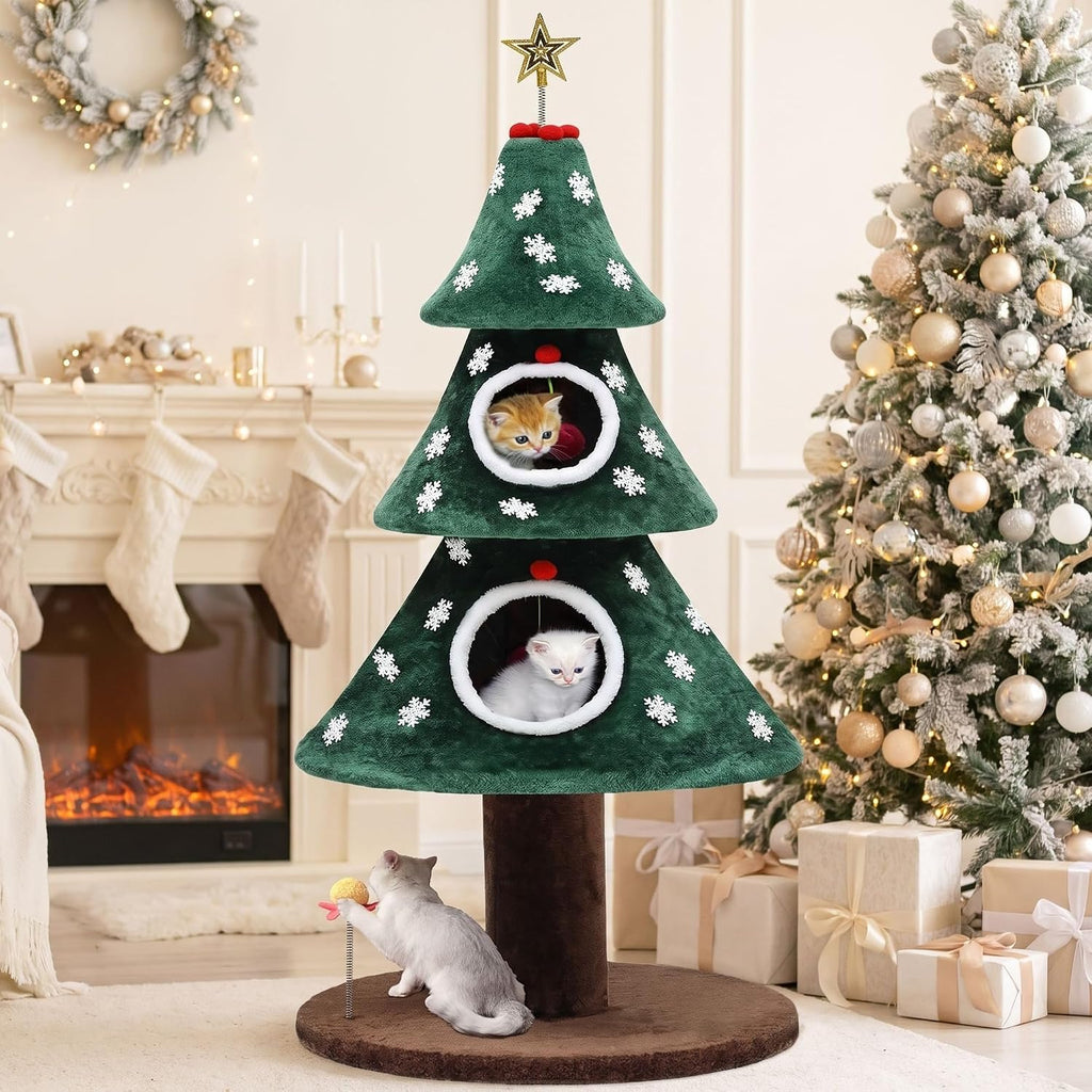 Green 60 inch Christmas tree shaped cat tower with two condos – view 2