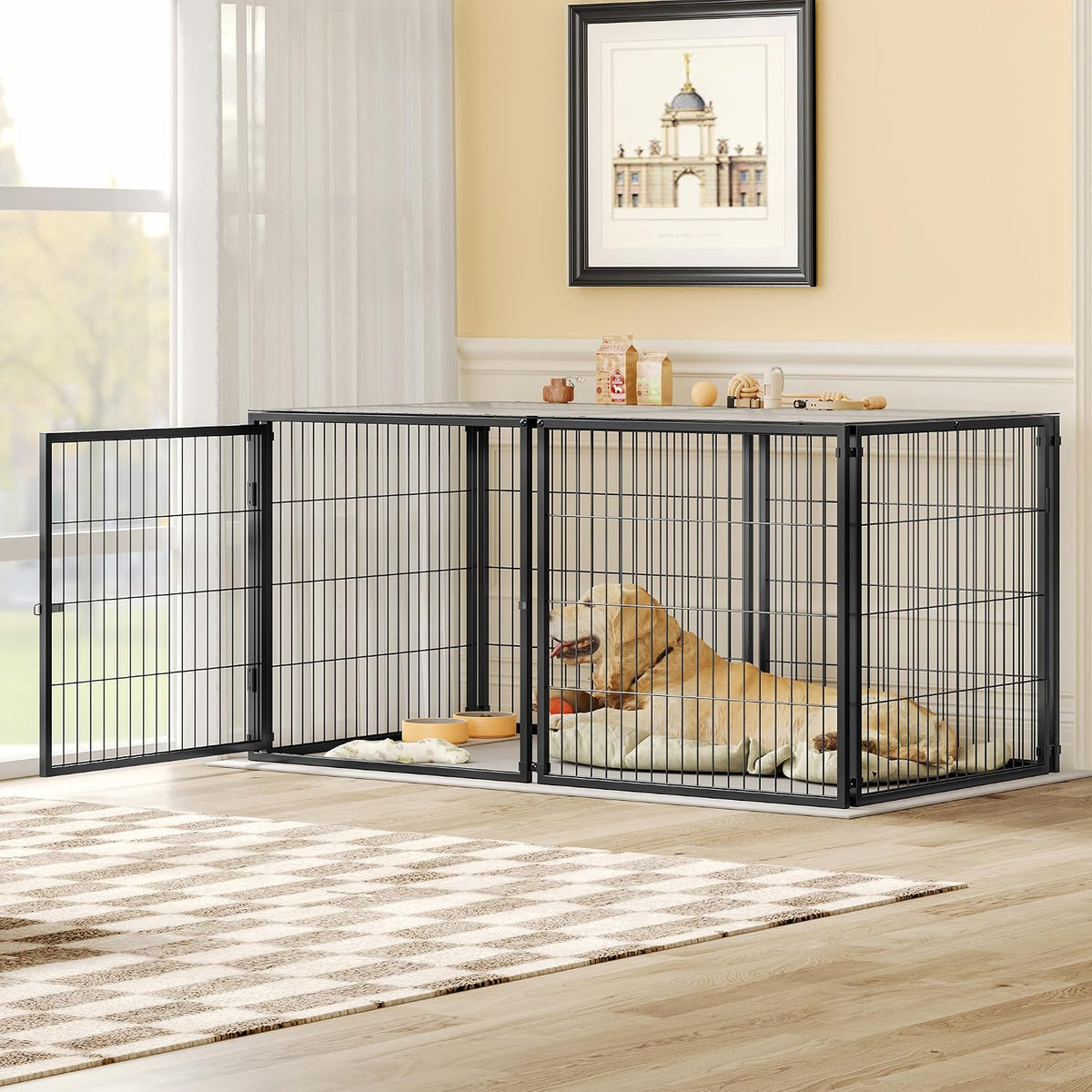Black metal indoor dog pen kennel with top cover