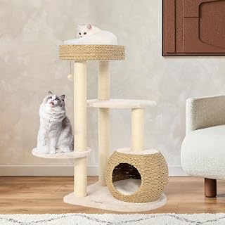 NUNU Modern 39" Wooden Cat Tree for Large Cats, Tower with Hand-Woven Condo and Top Perch