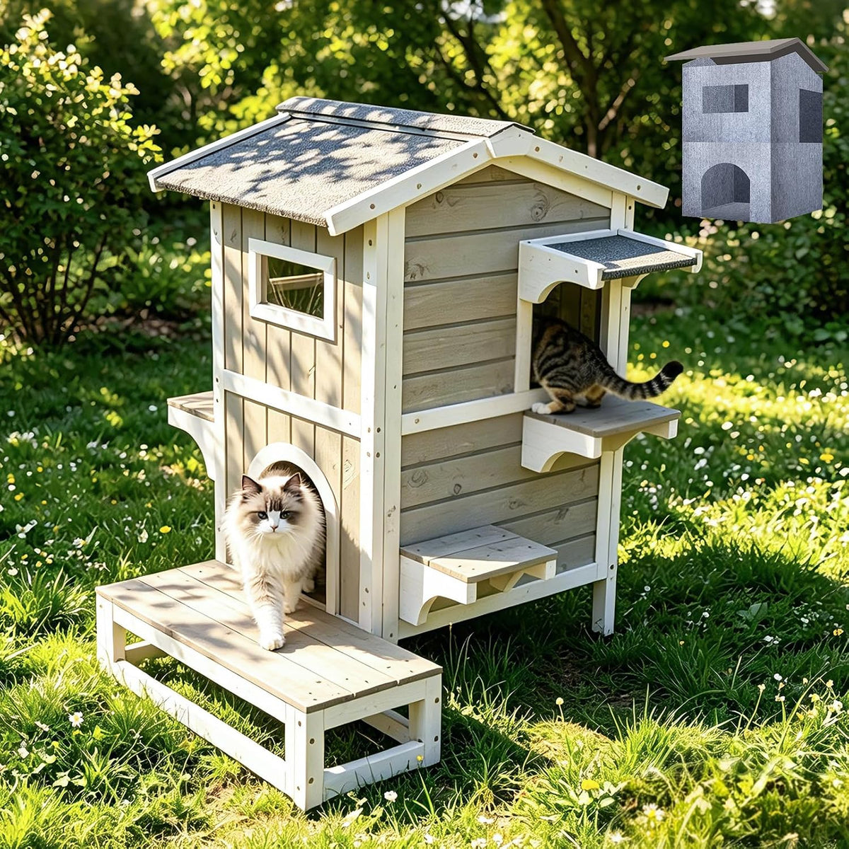 Two-story wooden outdoor cat house with balcony, platforms and four doors