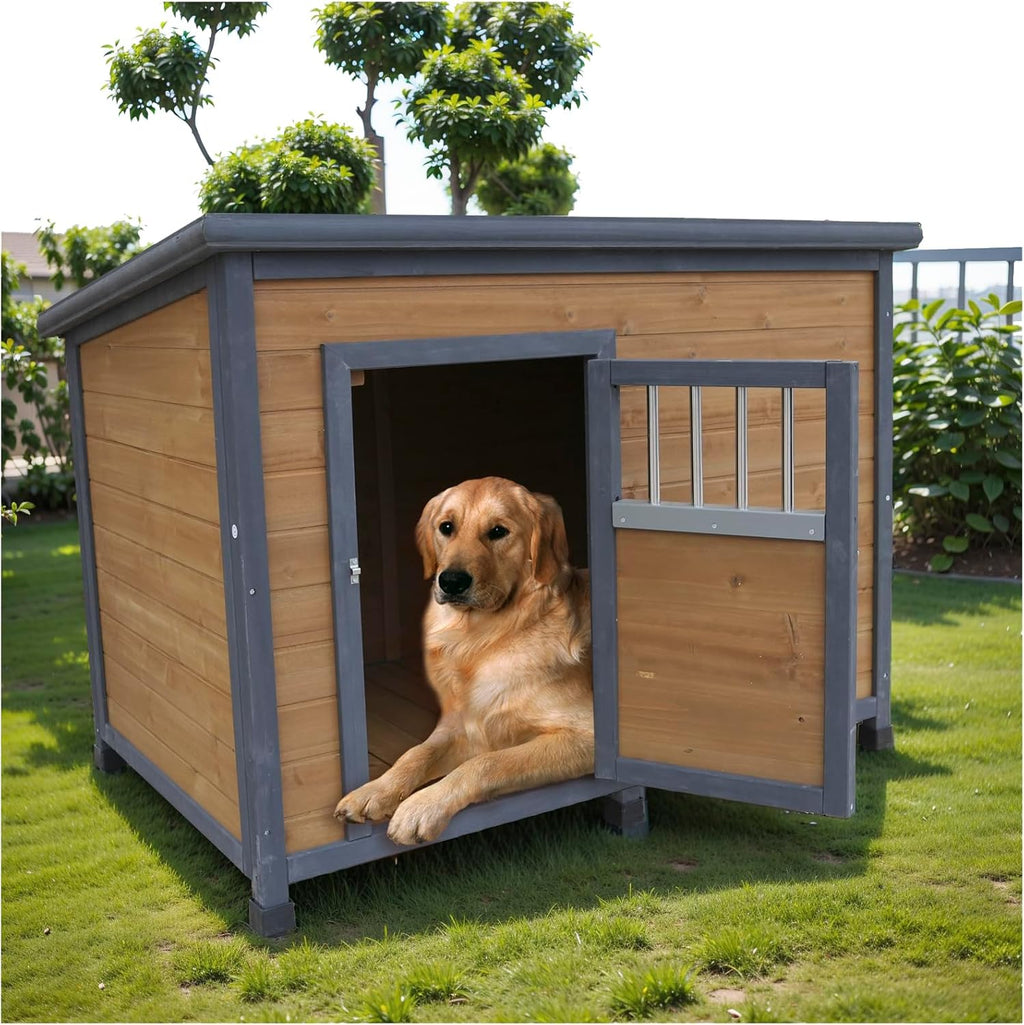 45 inch wooden dog house with gray PVC roof, ventilation window and raised feet