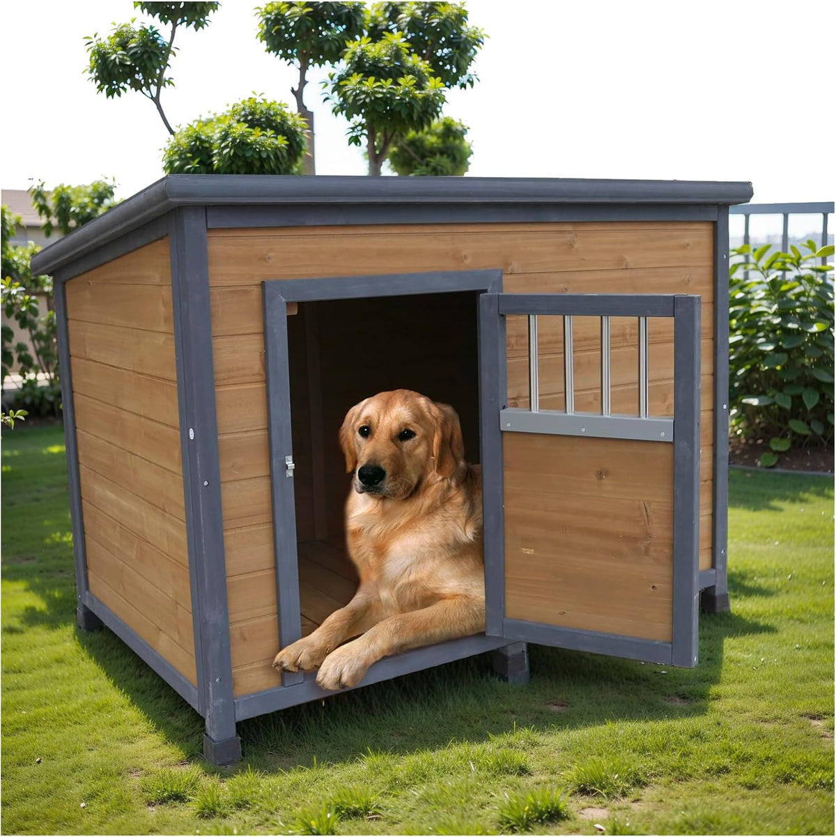 45 inch wooden dog house with gray PVC roof, ventilation window and raised feet
