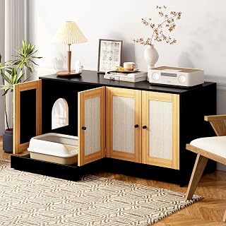 Tall Cat Litter Box Enclosure with Rattan Doors for Two Cats