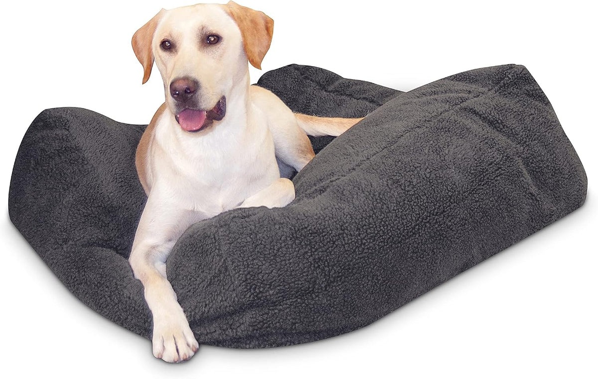 Gray covered cube pet bed with front opening