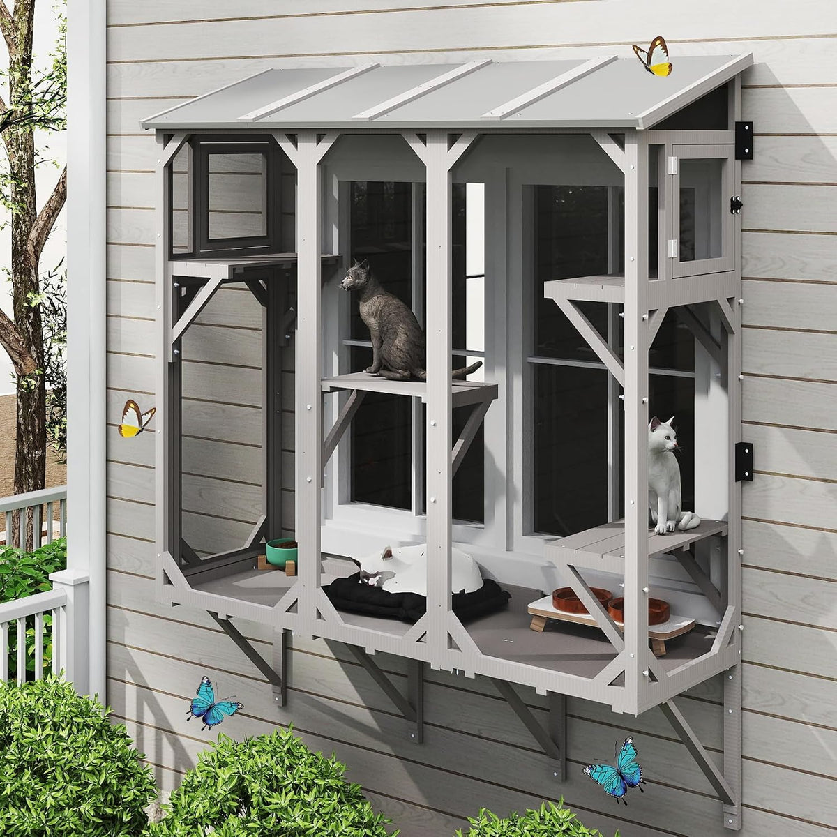 Expandable window box catio enclosure mounted at a window