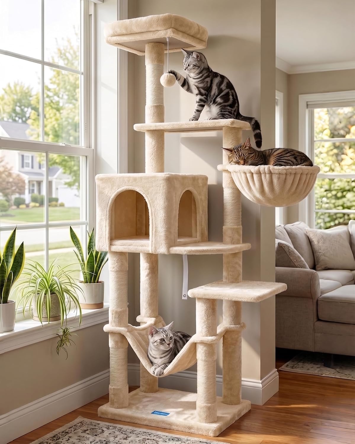 Light gray 71.9 inch cat tree with big platform, hammock and condo – view 2