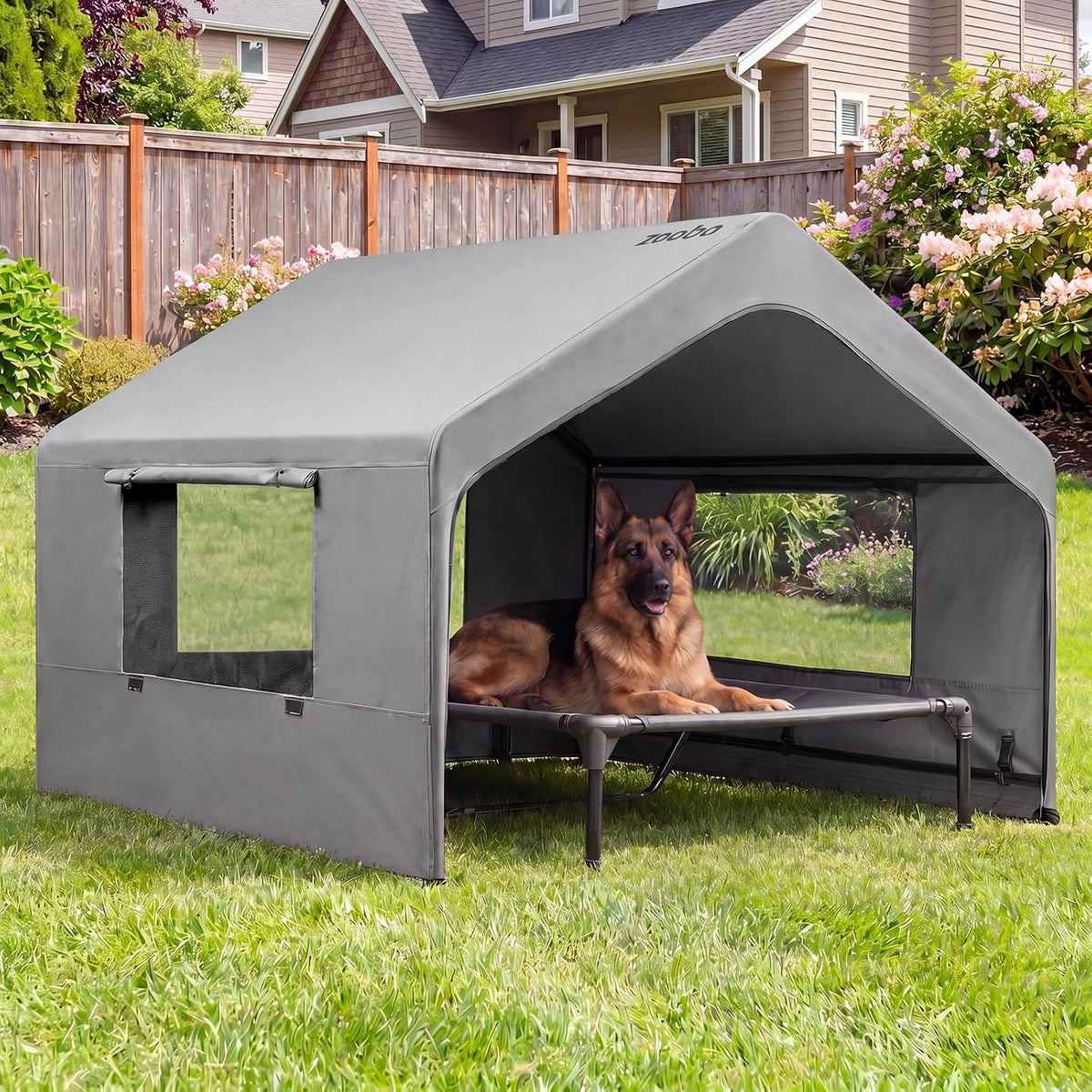 Extra large elevated dog cot bed with waterproof shade canopy in a backyard