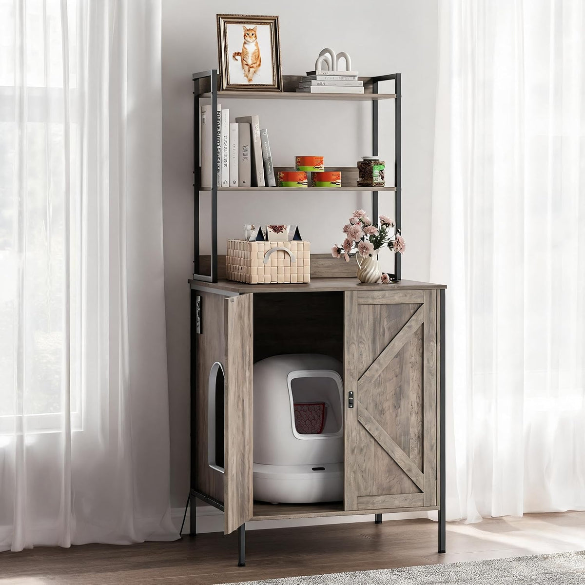 70-inch farmhouse cabinet for automatic litter box with storage tiers – view 2