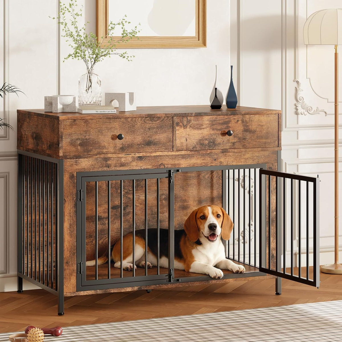 Grey wooden dog crate end table with storage drawers – view 3