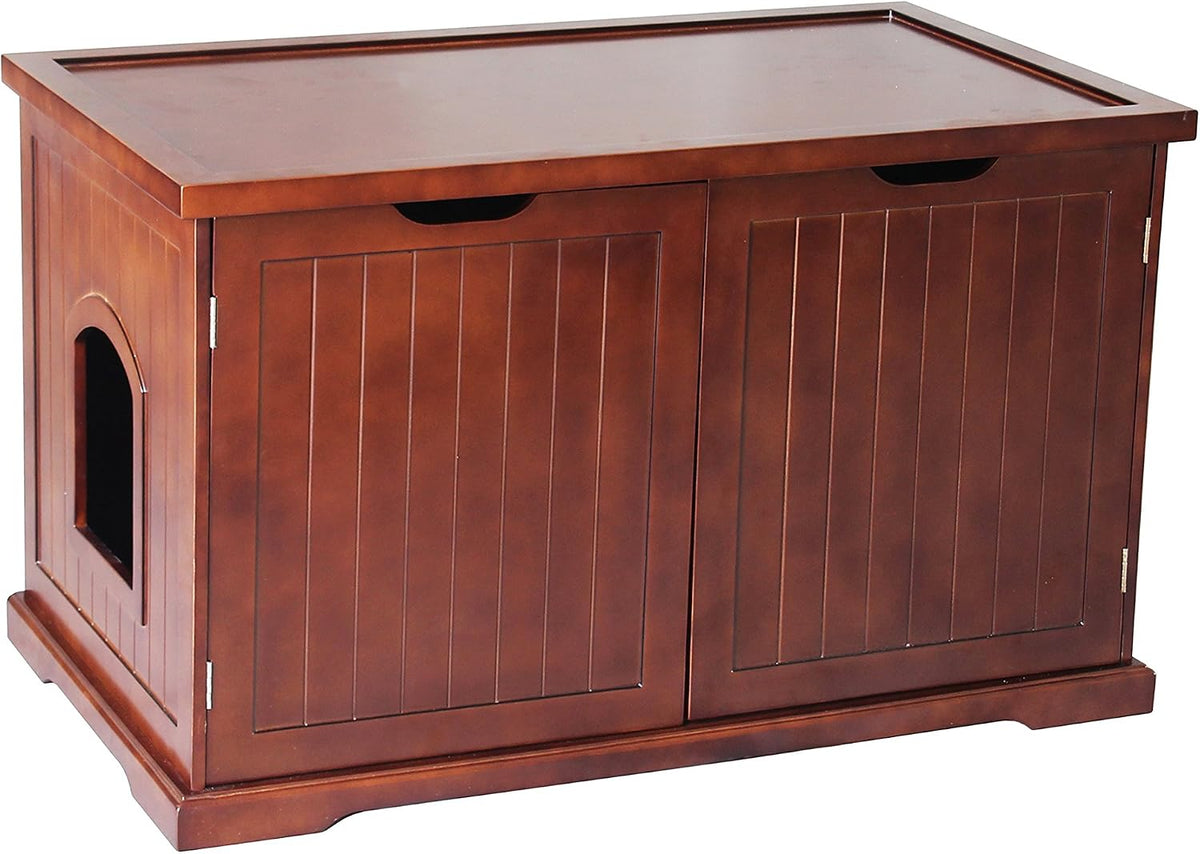 Walnut solid wood bench hiding a cat litter box with magnetic doors