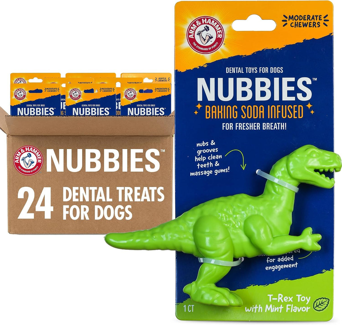 Dinosaur-shaped nylon dental chew toy for dogs with textured nubs, mint flavor