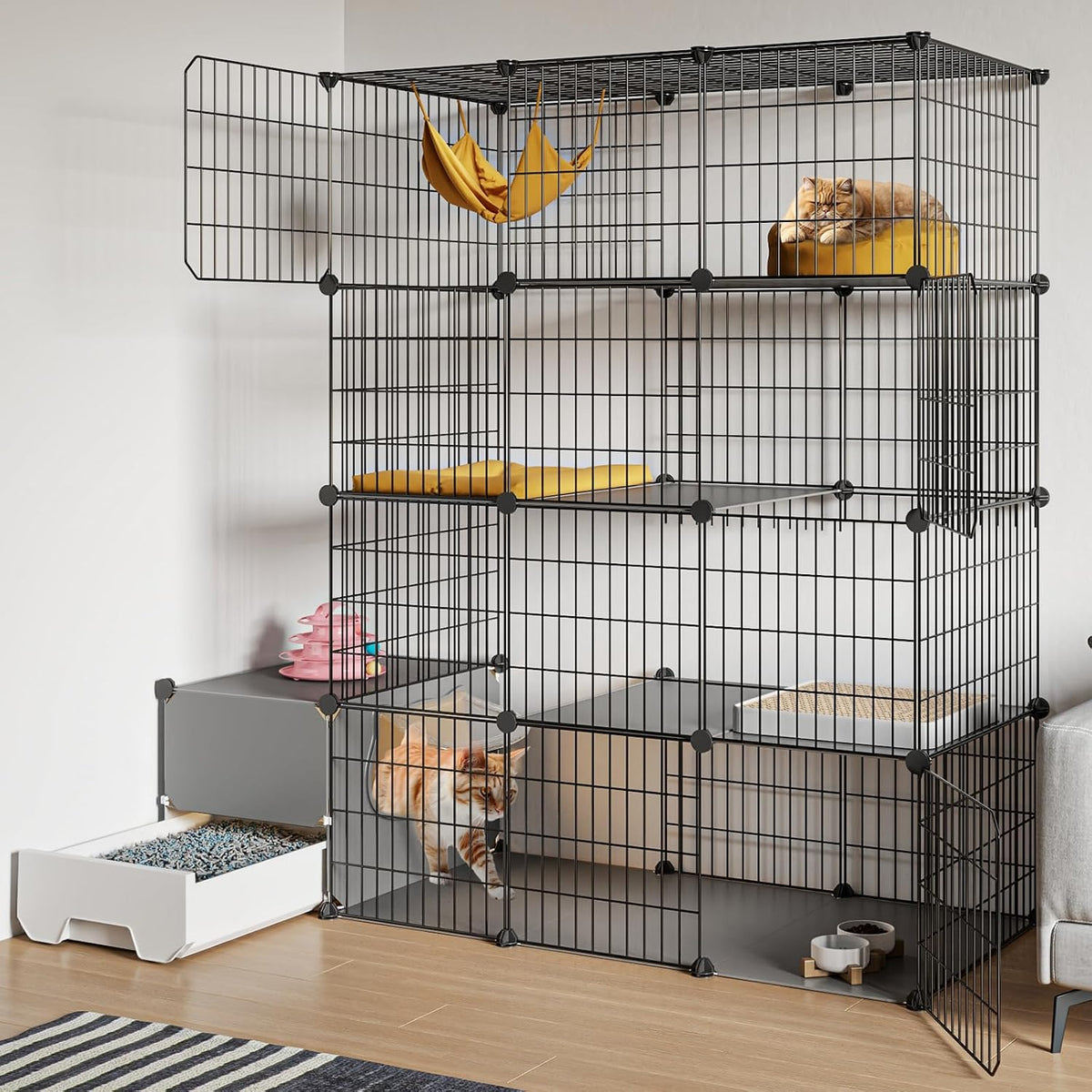 Black 4-tier wire cat cage with litter box