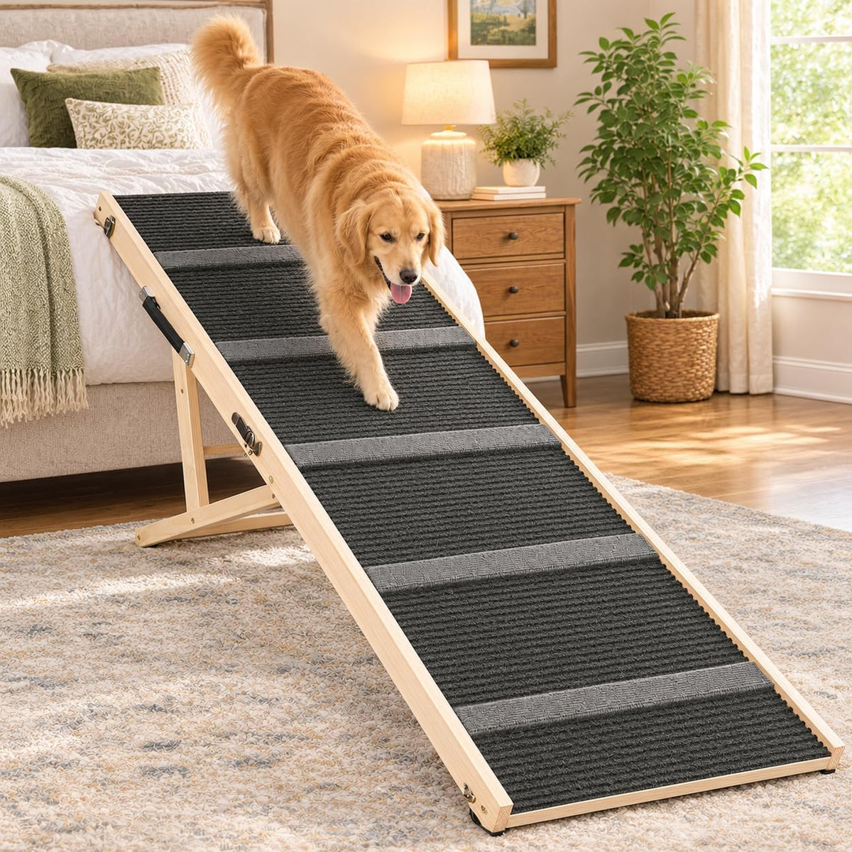64 inch wooden dog ramp leading up to a high bed